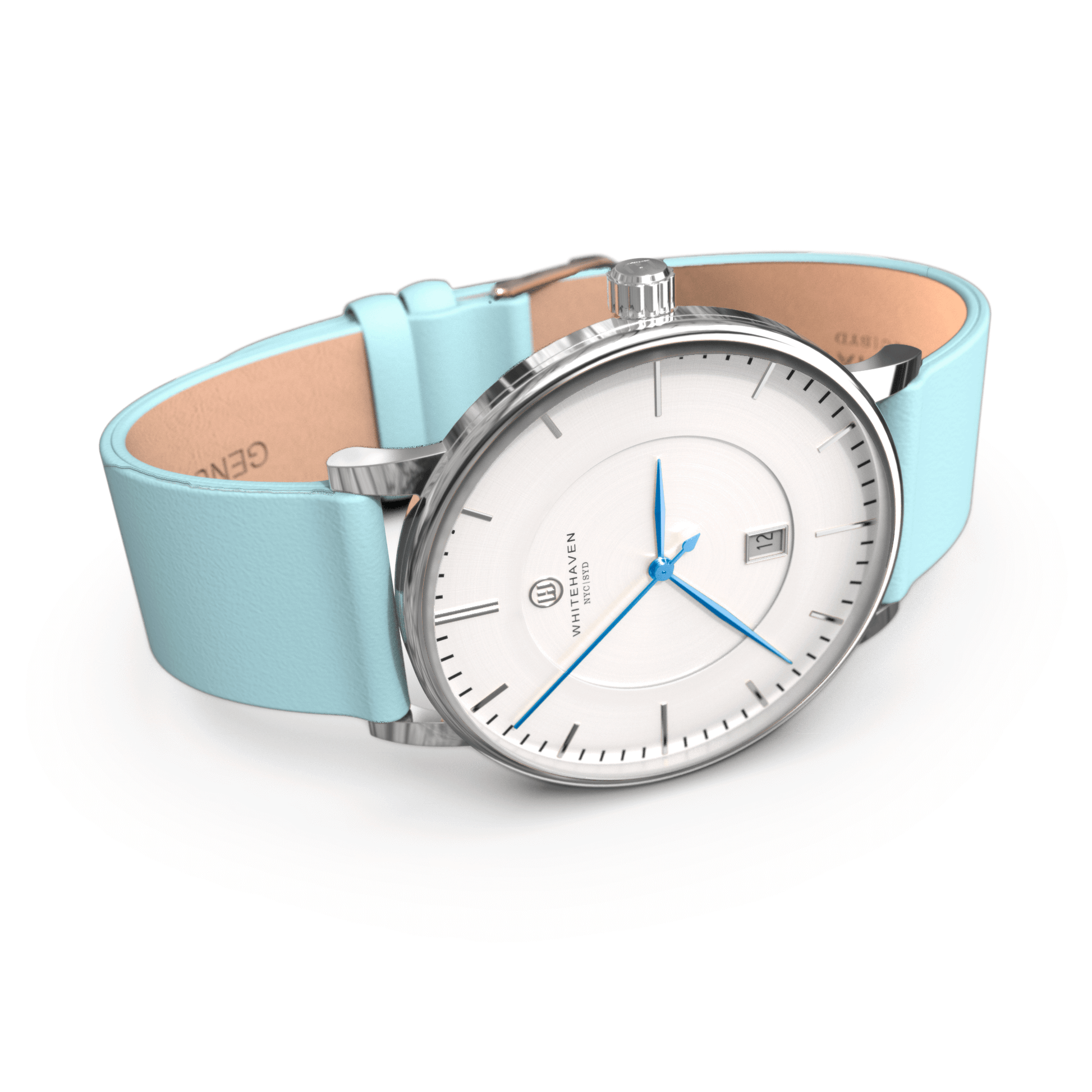 Montre Whitehaven Darling avec cadran blanc et bracelet cuir bleu pastel – vue en perspective, détails argentés