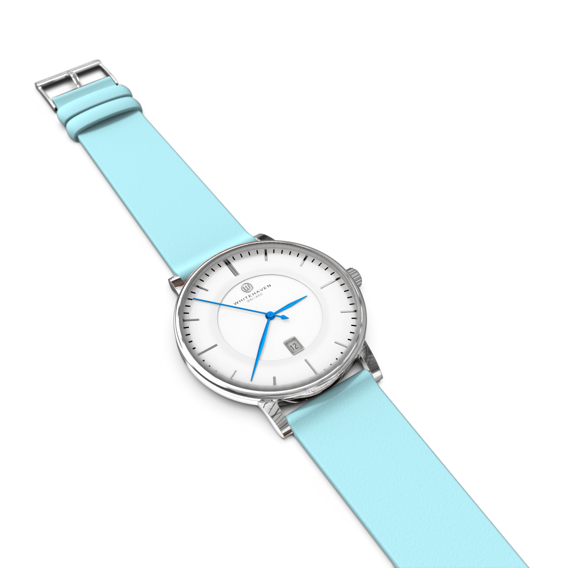 Montre élégante pour femme Whitehaven Darling, cadran blanc, finition argentée, bracelet bleu pastel en cuir lisse – vue à plat