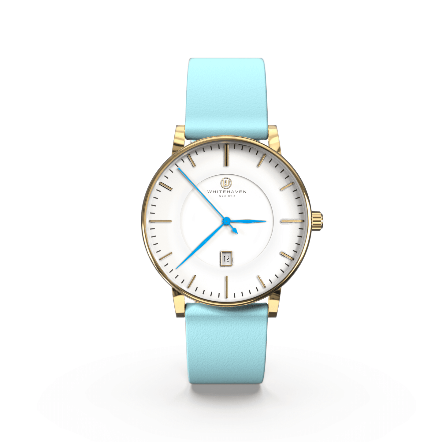 Montre femme Whitehaven Darling avec cadran blanc, boîtier finition or et bracelet en cuir lisse bleu pastel – vue de face
