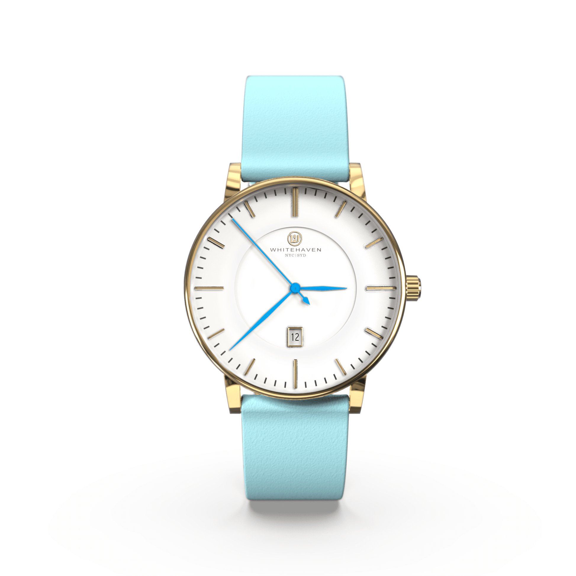 Montre femme Whitehaven Darling avec cadran blanc, boîtier finition or et bracelet en cuir lisse bleu pastel – vue de face