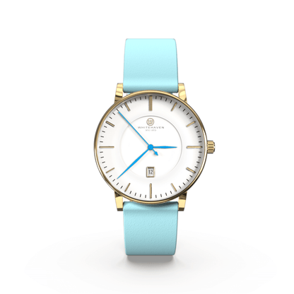 Montre femme Whitehaven Darling avec cadran blanc, boîtier finition or et bracelet en cuir lisse bleu pastel – vue de face