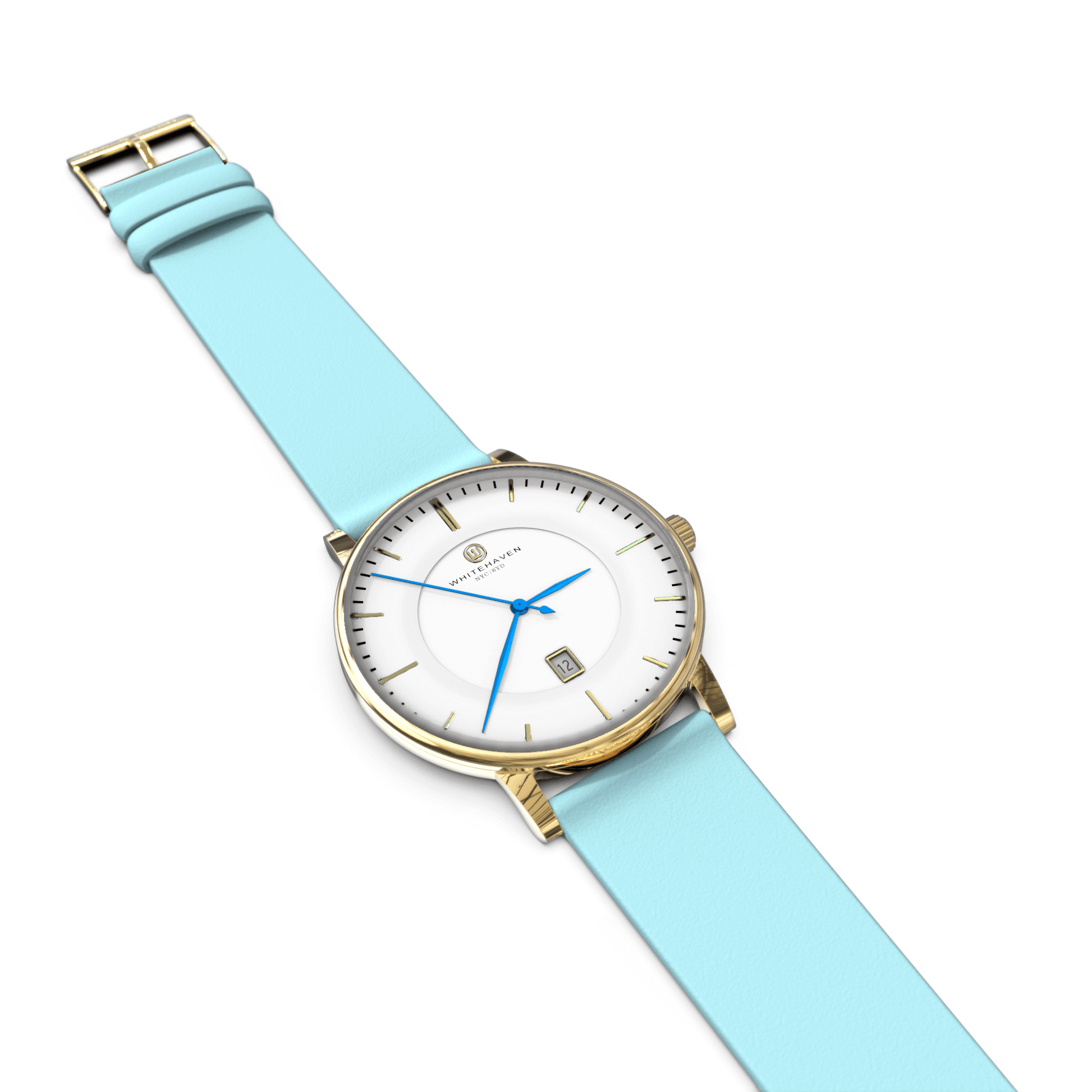Montre élégante Whitehaven Darling, cadran blanc, finition or, bracelet cuir lisse bleu pastel – vue à plat