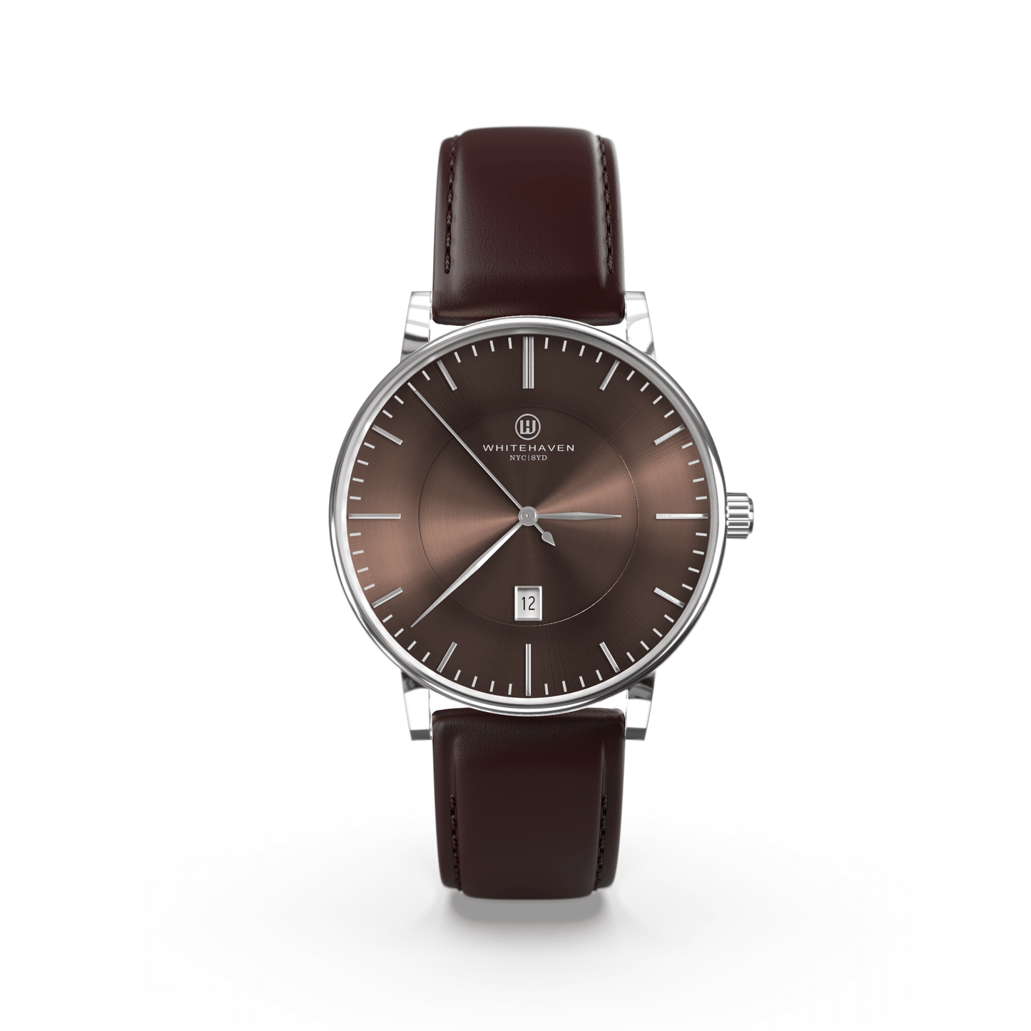 Montre femme Whitehaven Darwin avec cadran marron, boîtier finition argent et bracelet en cuir marron – vue de face