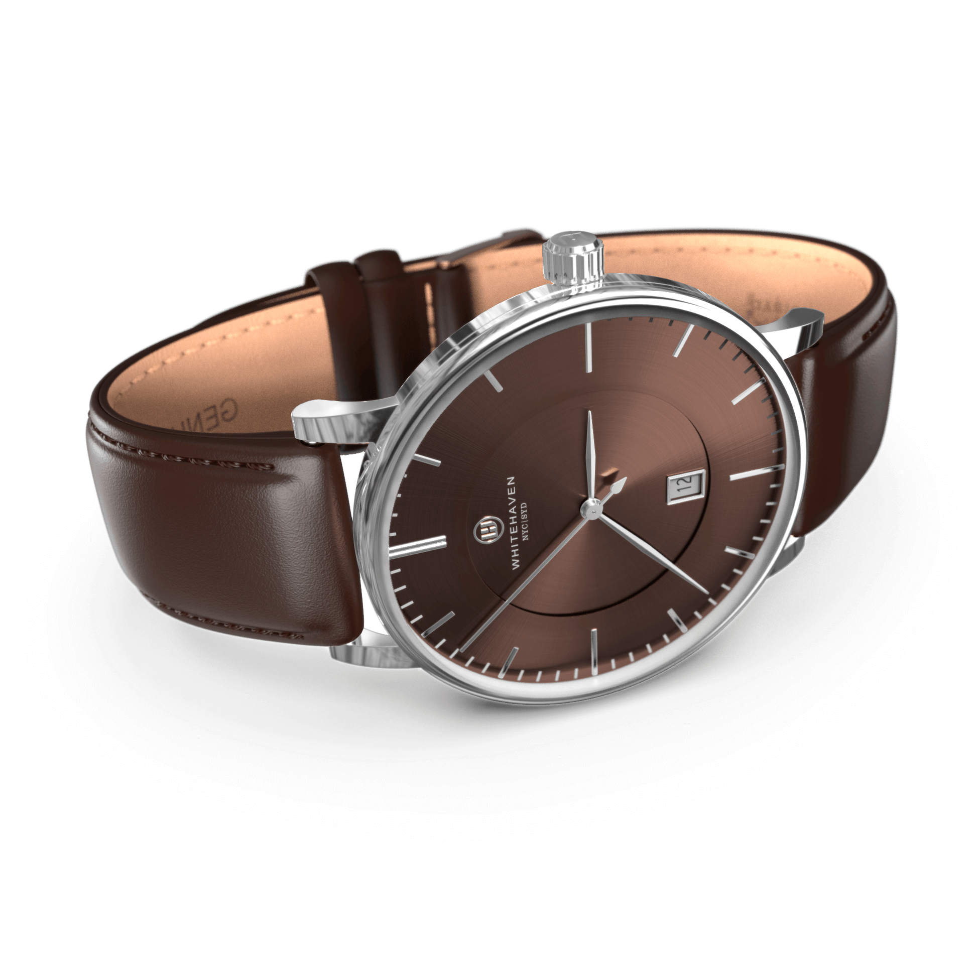 Montre femme Whitehaven Darwin avec cadran marron, boîtier argent et bracelet cuir marron – vue latérale