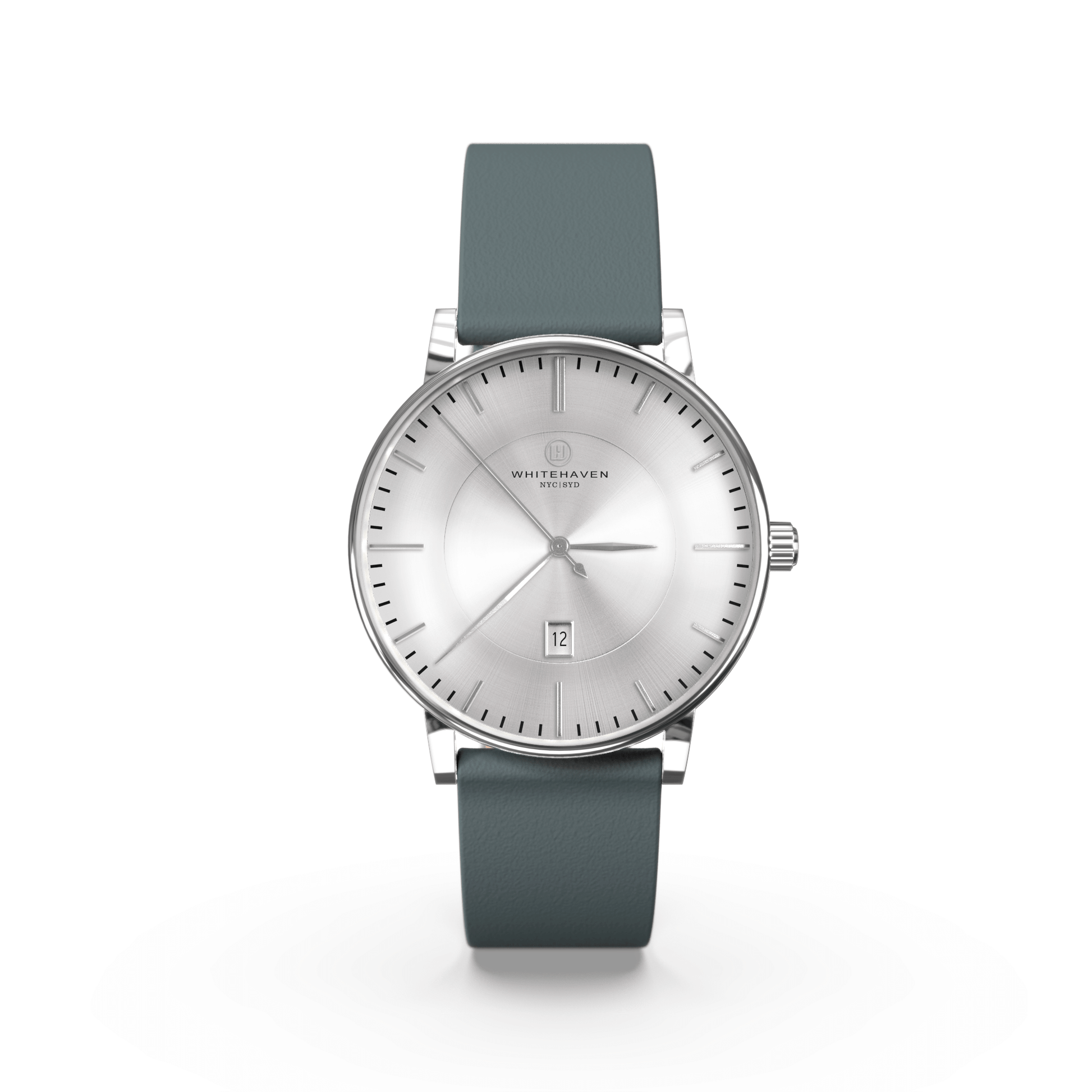 Montre femme Whitehaven Elisa avec cadran argent brossé en vue frontale, boîtier argenté et bracelet cuir gris foncé