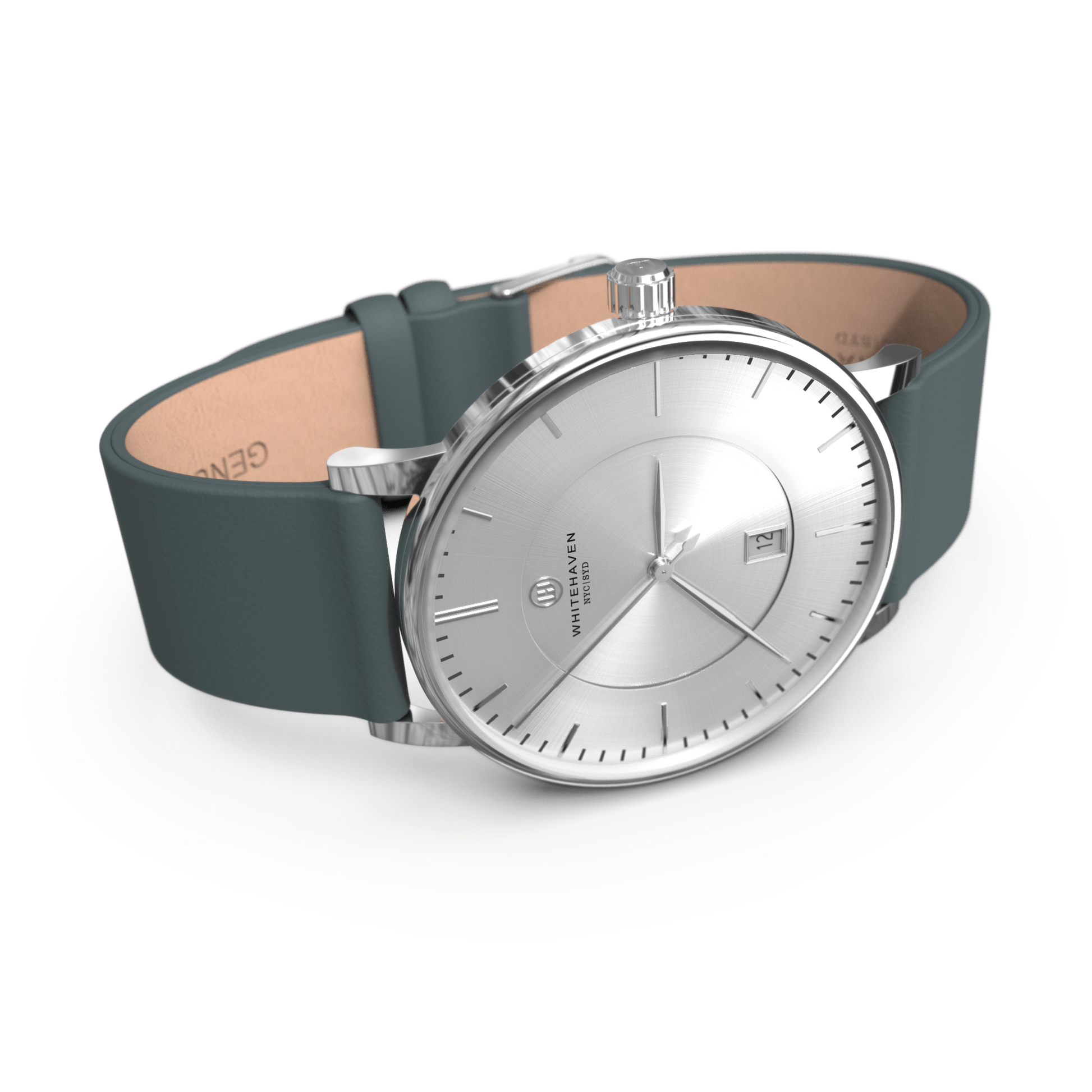 Montre femme Whitehaven Elisa avec cadran argent brossé en vue à plat, boîtier argenté et bracelet en cuir lisse gris