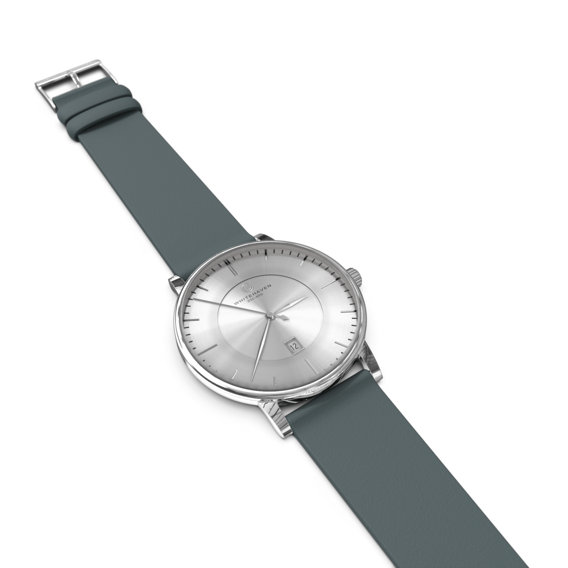 Montre femme Whitehaven Elisa avec cadran argent brossé vue arrière, détail du bracelet cuir gris foncé et boucle métallique