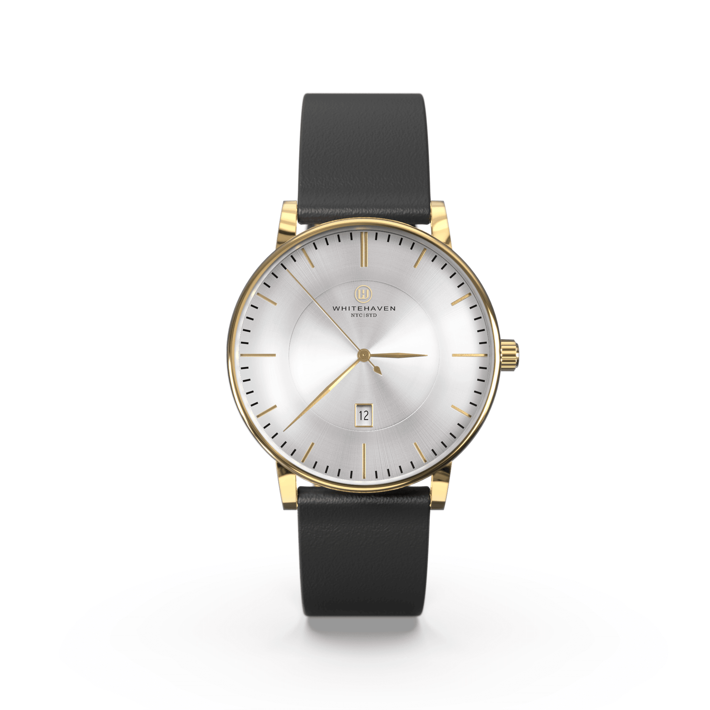 Montre femme Whitehaven Elisa avec cadran argent brossé en vue frontale, finitions dorées et bracelet en cuir plat noir
