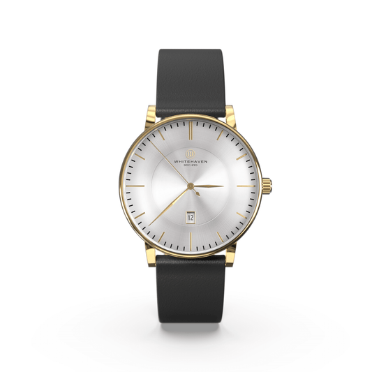 Montre femme Whitehaven Elisa avec cadran argent brossé en vue frontale, finitions dorées et bracelet en cuir plat noir