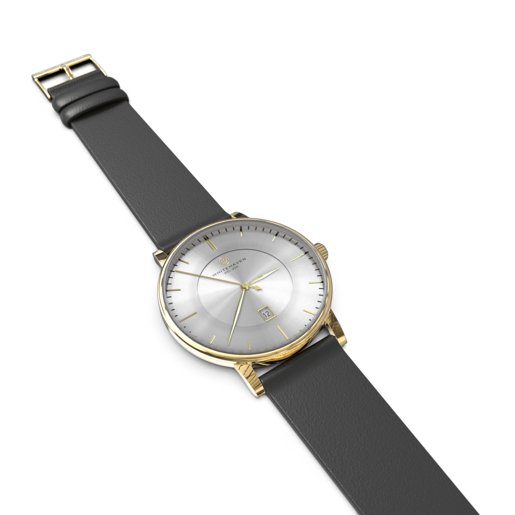 Montre femme Whitehaven Elisa avec cadran argent brossé en vue à plat, finitions dorées et bracelet en cuir plat noir