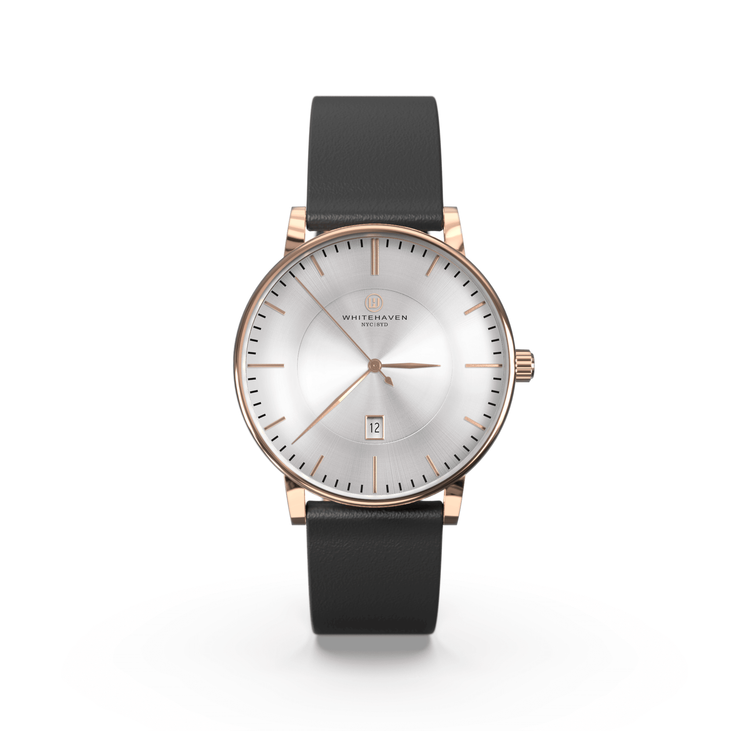 Montre femme Whitehaven Elisa avec cadran argent brossé en vue frontale, finitions rose gold et bracelet en cuir plat noir