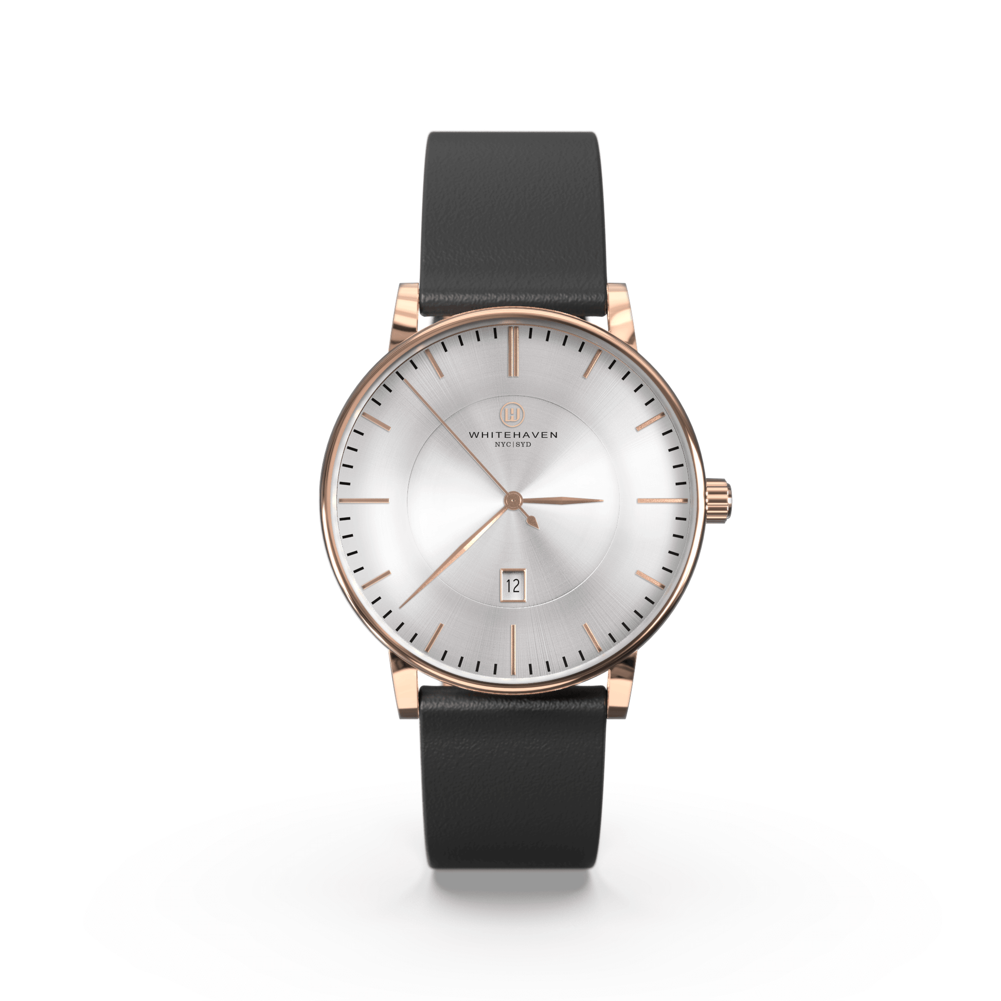 Montre femme Whitehaven Elisa avec cadran argent brossé en vue frontale, finitions rose gold et bracelet en cuir plat noir