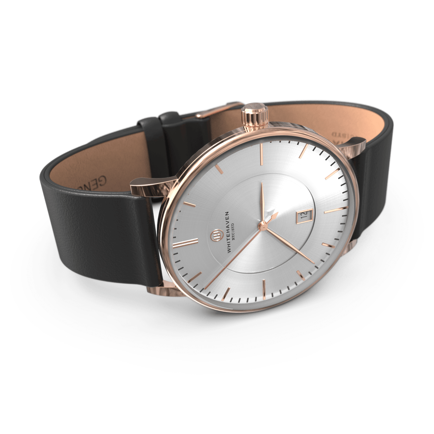 Montre femme Whitehaven Elisa avec cadran argent brossé en perspective latérale, boîtier rose gold et bracelet cuir noir