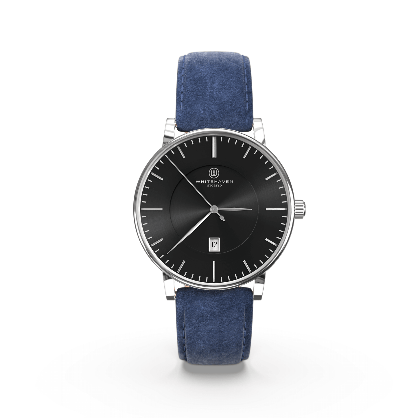 Montre femme Whitehaven Pyramid avec cadran noir, aiguilles et boîtier finition argent, bracelet en velours bleu – vue de face