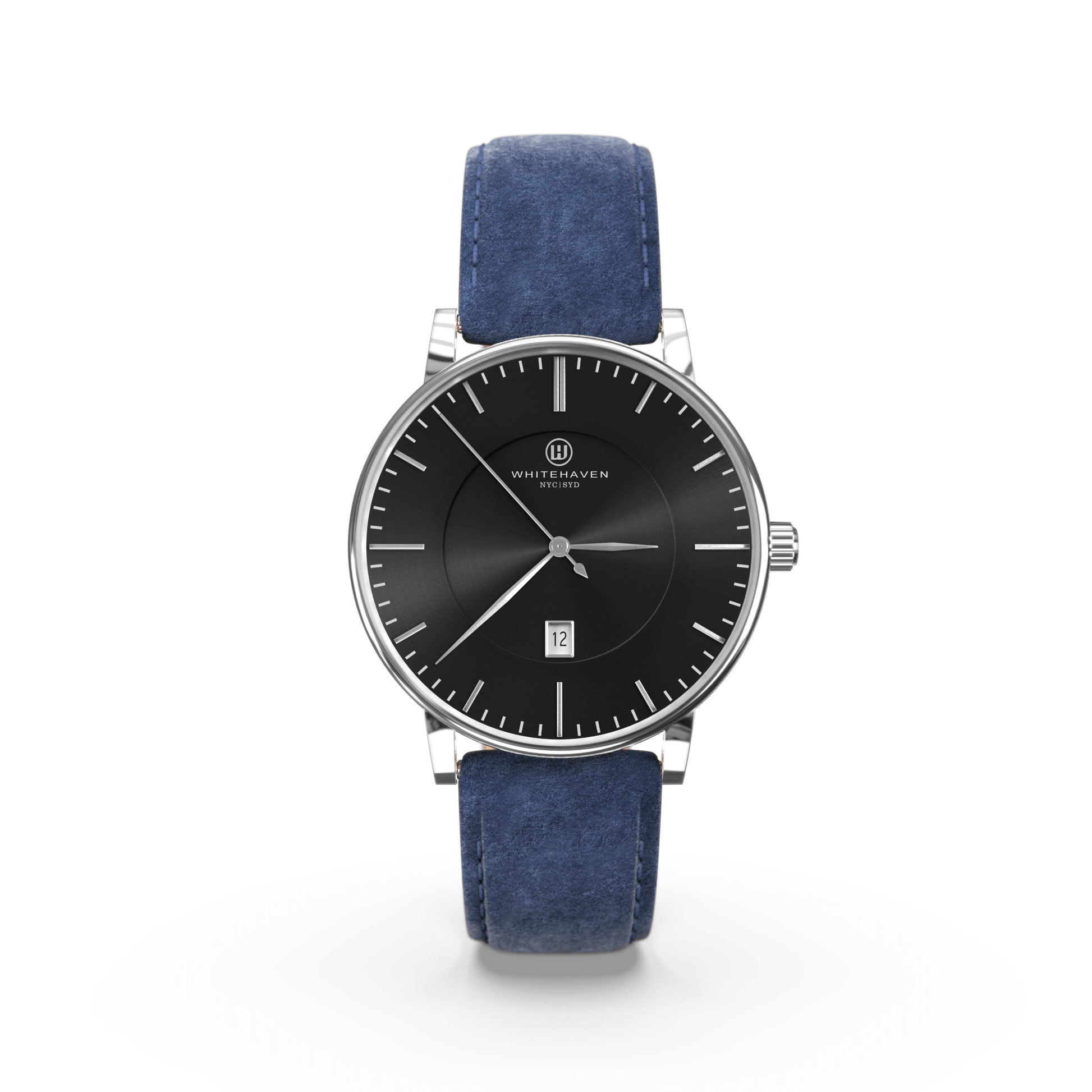 Montre femme Whitehaven Pyramid avec cadran noir, aiguilles et boîtier finition argent, bracelet en velours bleu – vue de face