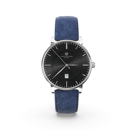 Montre femme Whitehaven Pyramid avec cadran noir, aiguilles et boîtier finition argent, bracelet en velours bleu – vue de face