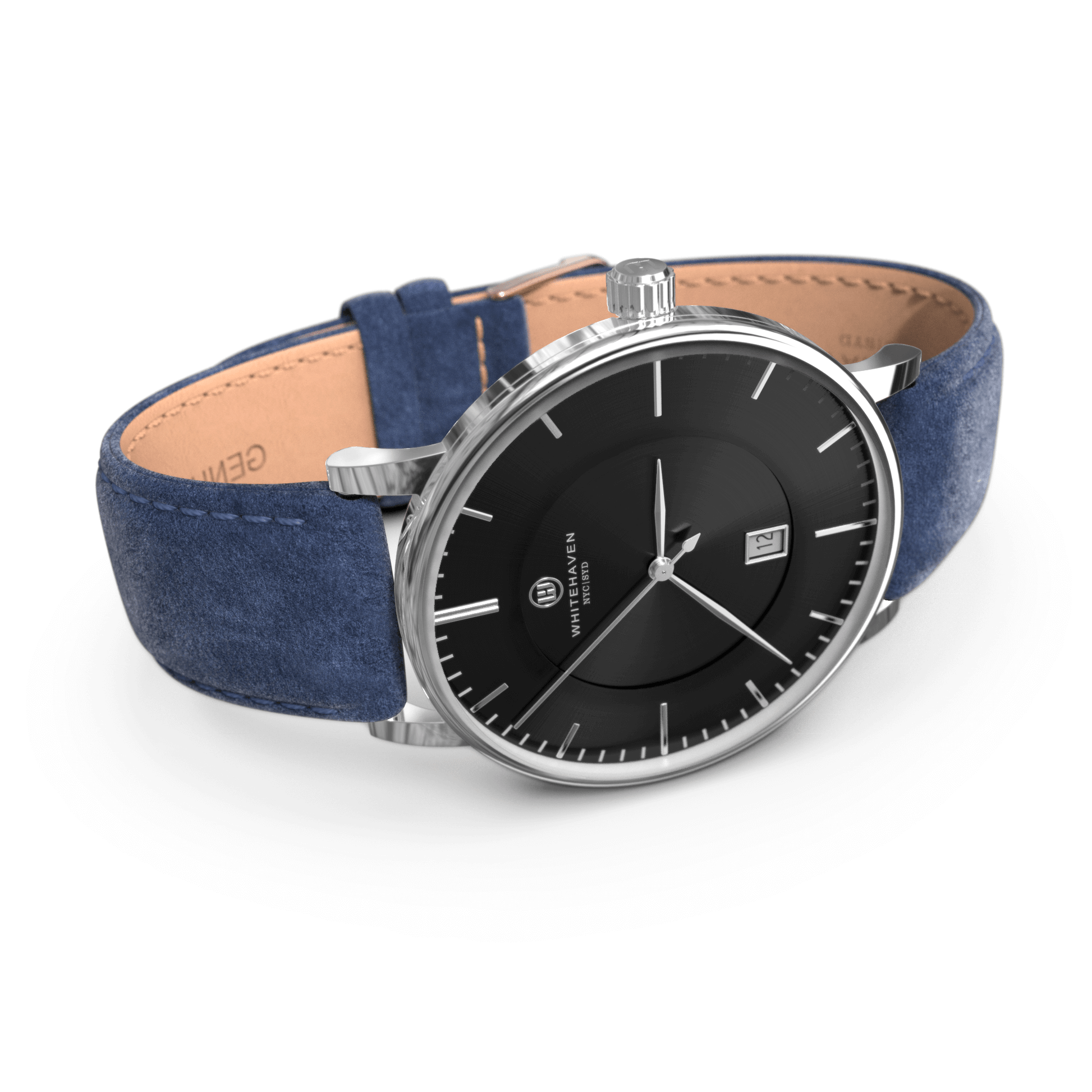 Montre femme Pyramid Whitehaven finition argentée avec cadran noir et bracelet velours bleu – vue perspective