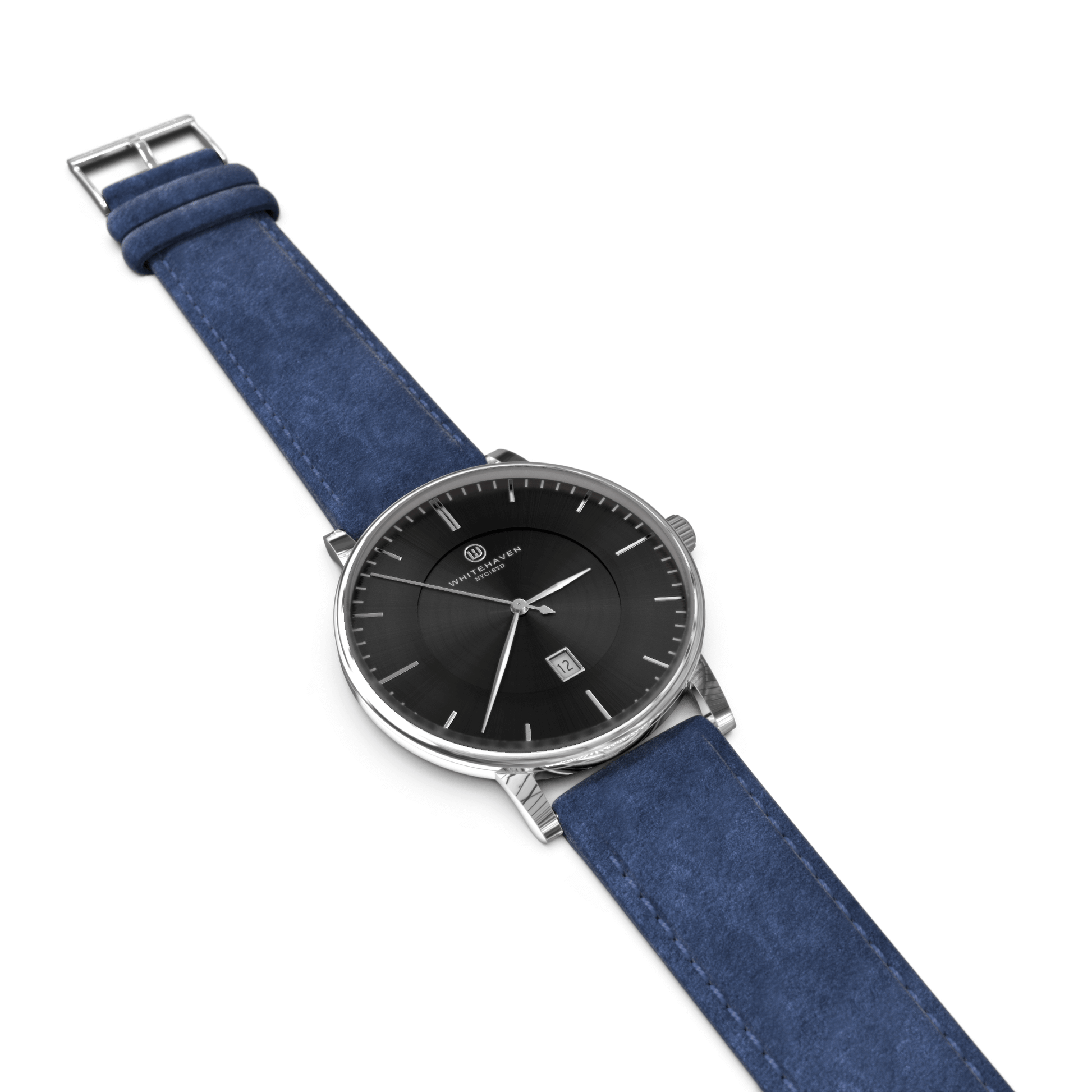 Montre pour femme Whitehaven modèle Pyramid avec boîtier argent, cadran noir et bracelet en velours bleu – vue à plat