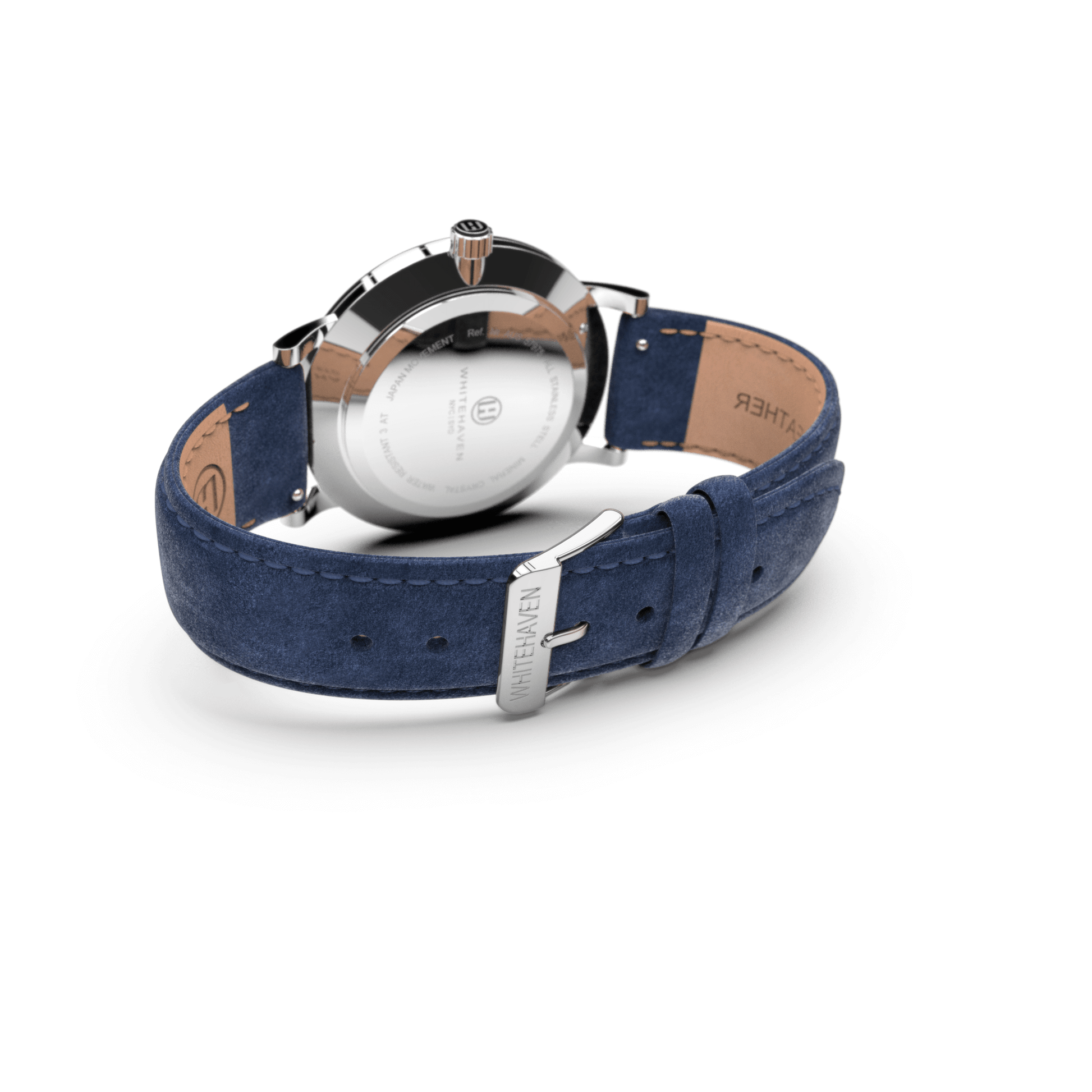 Vue arrière montre femme Whitehaven Pyramid – bracelet velours bleu et boucle finition argent