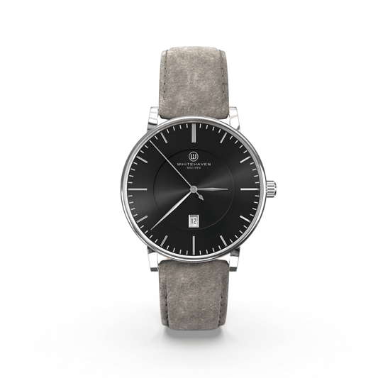 Montre femme Whitehaven Pyramid avec cadran noir, boîtier et aiguilles argentées, bracelet en velours gris – vue de face