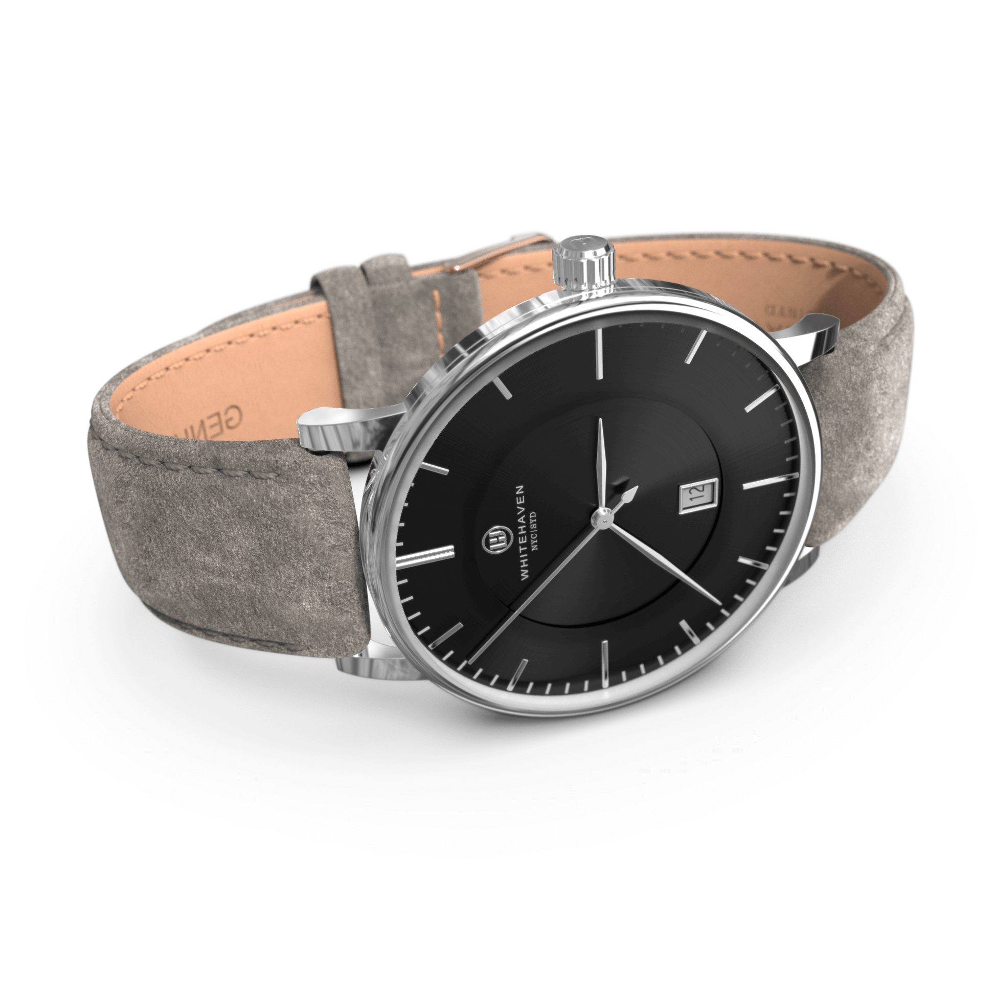 Montre pour femme Whitehaven Pyramid avec finition argent et bracelet en velours gris – cadran noir – vue en perspective
