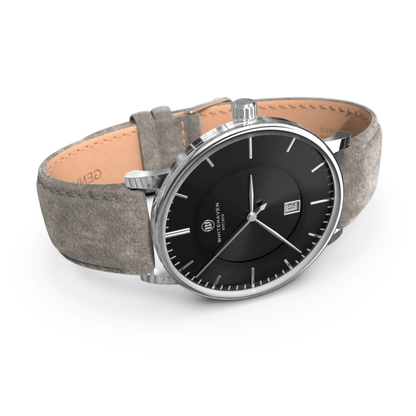 Montre pour femme Whitehaven Pyramid avec finition argent et bracelet en velours gris – cadran noir – vue en perspective