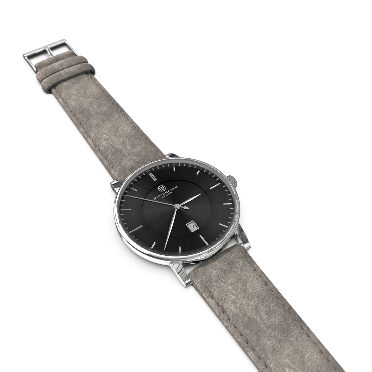 Montre femme Whitehaven Pyramid à cadran noir avec bracelet velours gris – design épuré et élégant – vue à plat