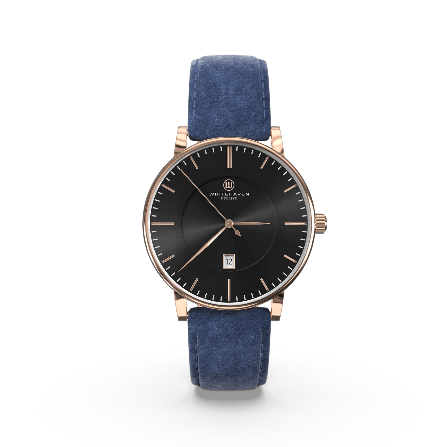 Montre femme Whitehaven Pyramid avec cadran noir, boîtier finition or rose et bracelet en velours bleu – vue de face