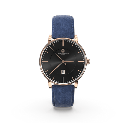 Montre femme Whitehaven Pyramid avec cadran noir, boîtier finition or rose et bracelet en velours bleu – vue de face