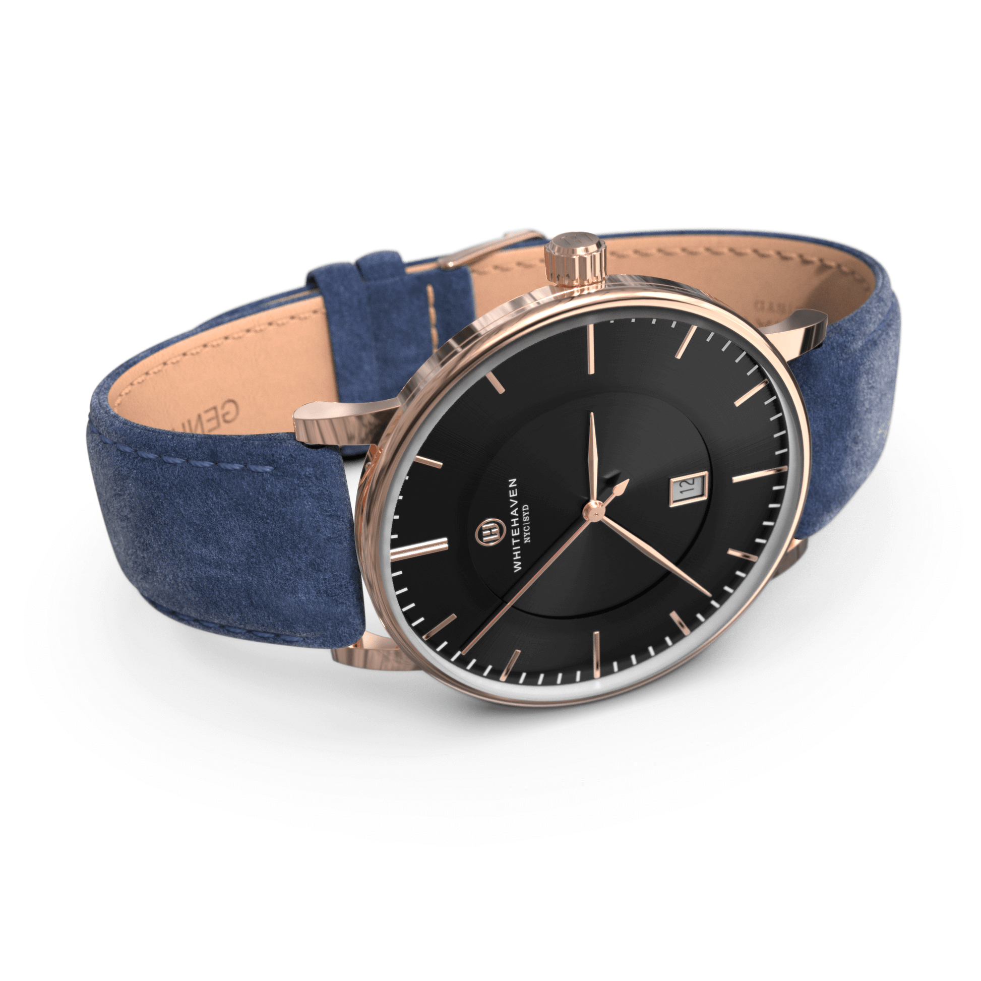 Montre Whitehaven Pyramid pour femme avec cadran noir et finition or rose, bracelet bleu en velours – vue perspective