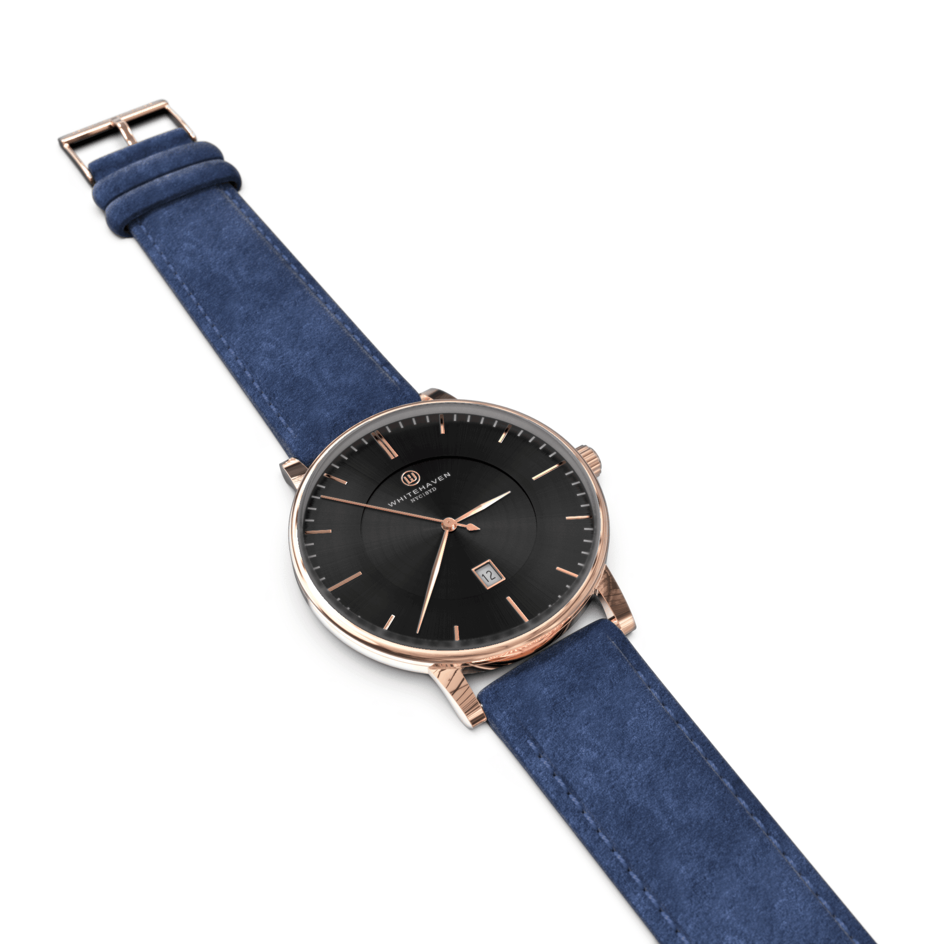 Montre pour femme Whitehaven modèle Pyramid – cadran noir, détails or rose, bracelet velours bleu – vue à plat