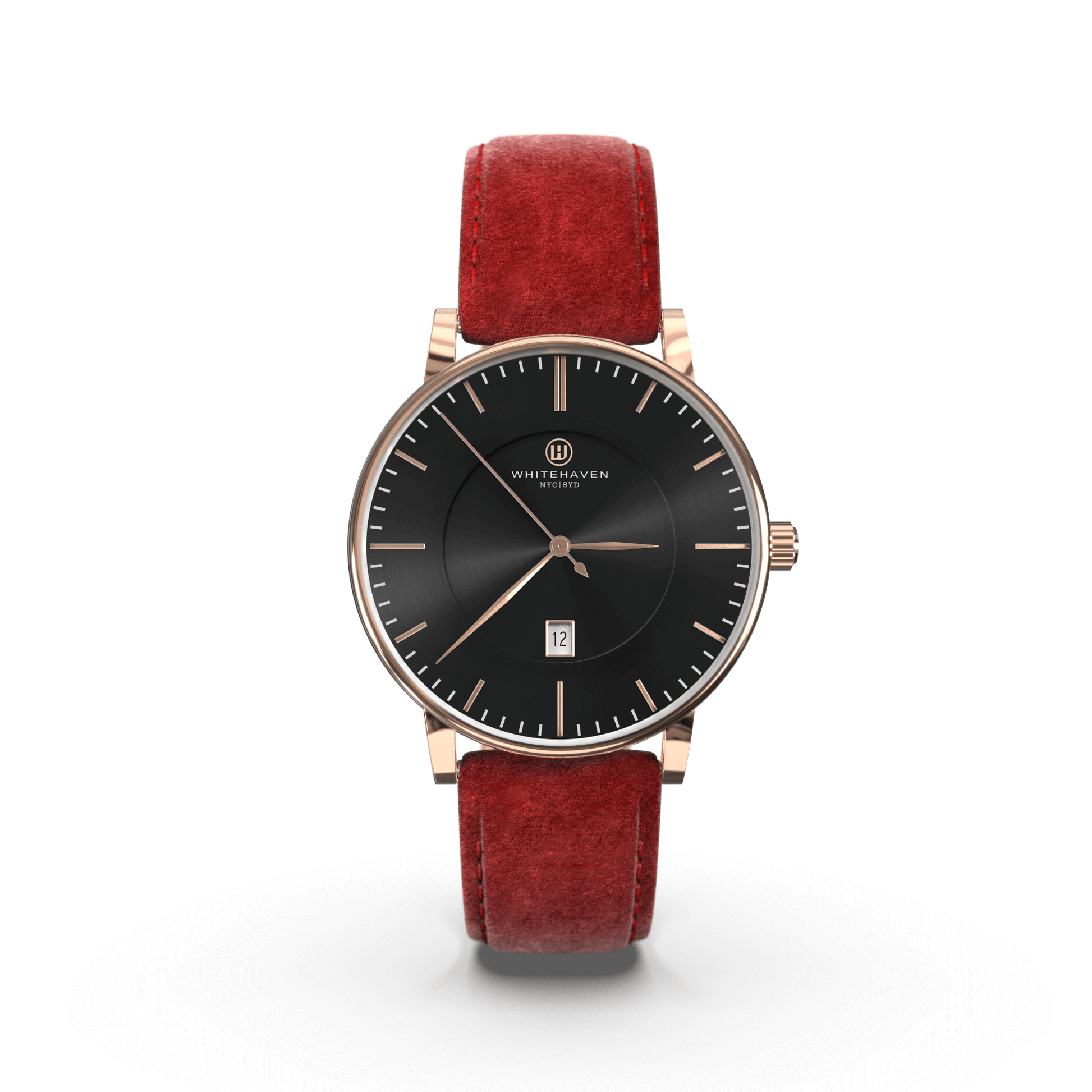 Montre femme Whitehaven Pyramid avec cadran noir, boîtier finition or rose et bracelet en velours rouge – vue de face