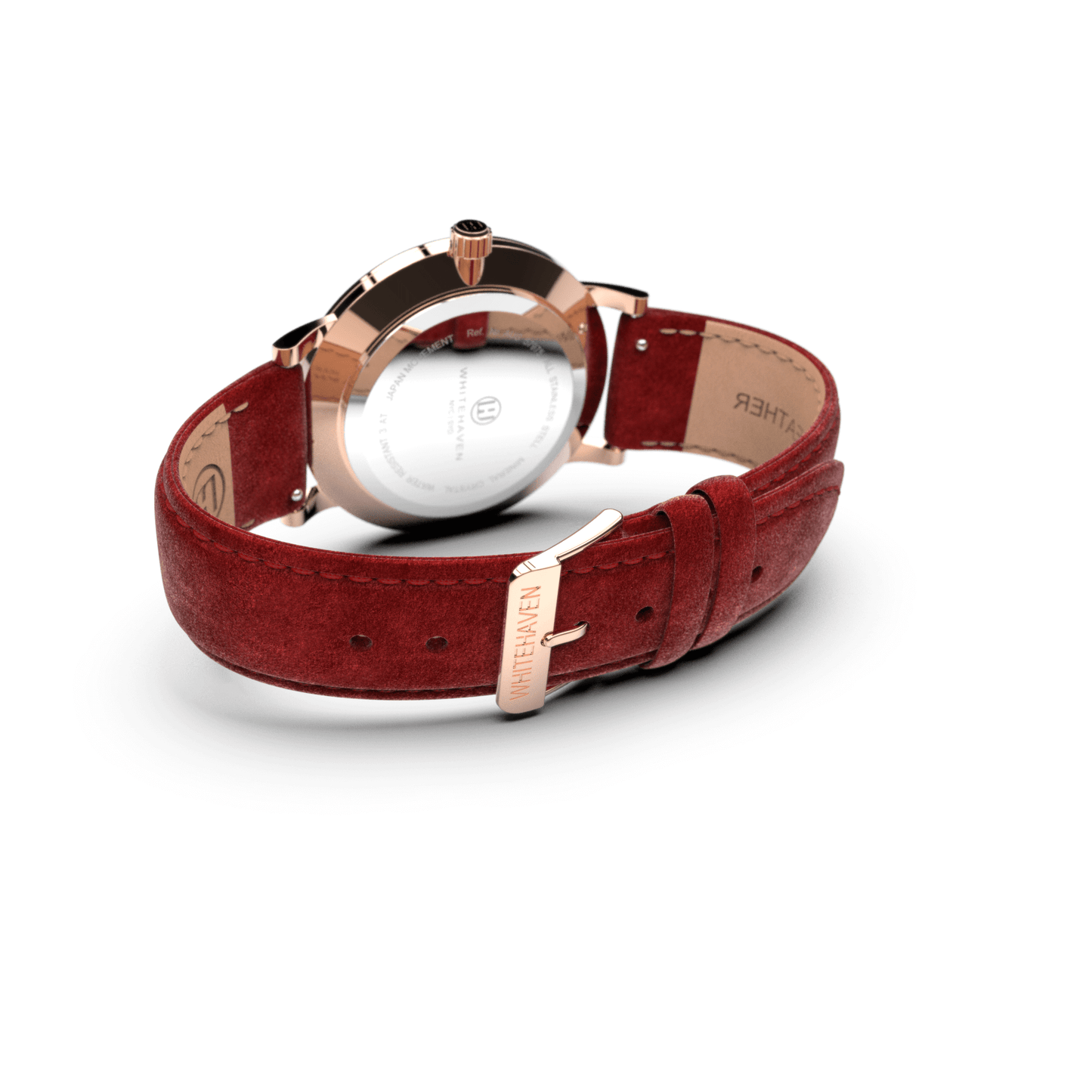 Vue arrière de la montre Whitehaven Pyramid avec bracelet velours rouge et boîtier finition or rose