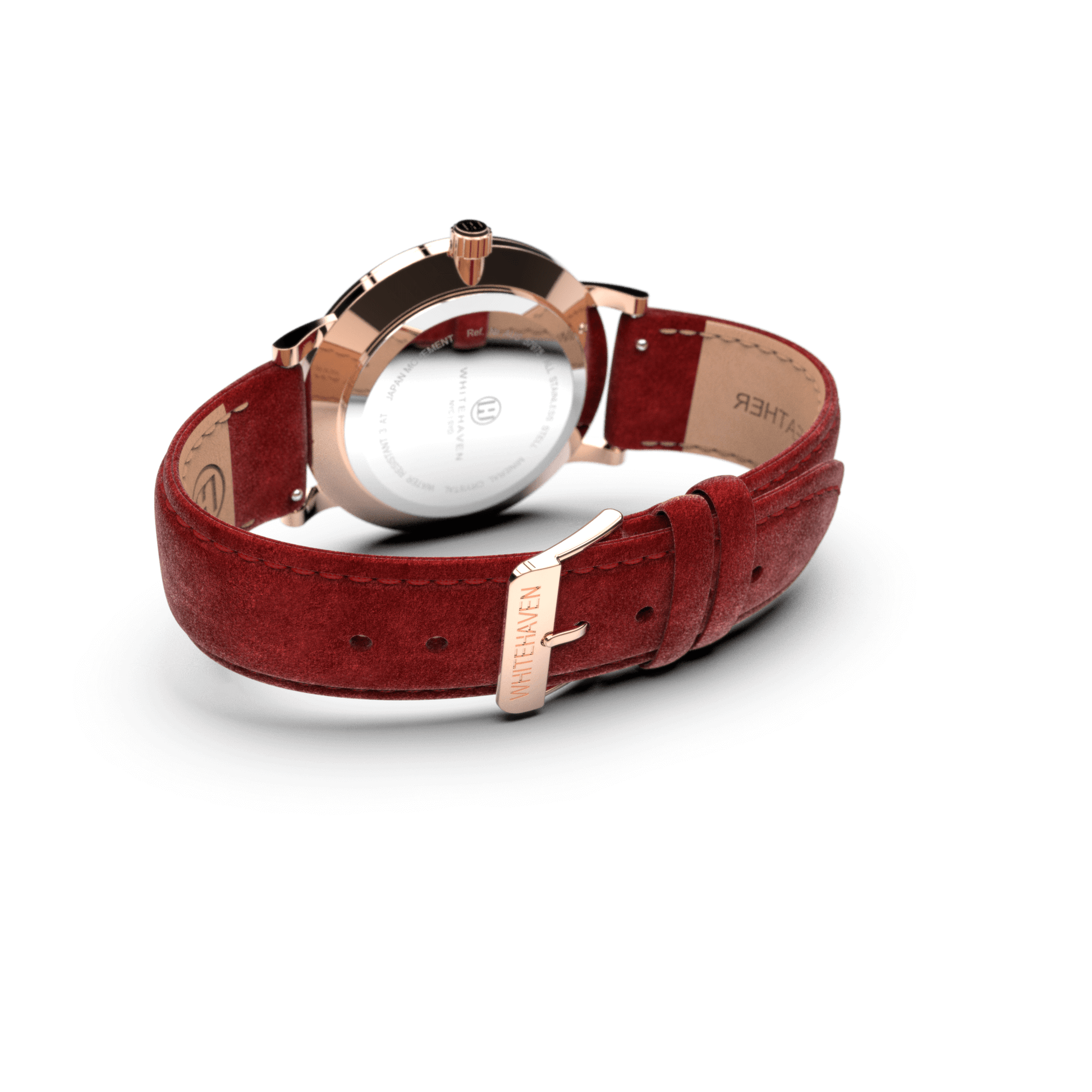 Vue arrière de la montre Whitehaven Pyramid avec bracelet velours rouge et boîtier finition or rose