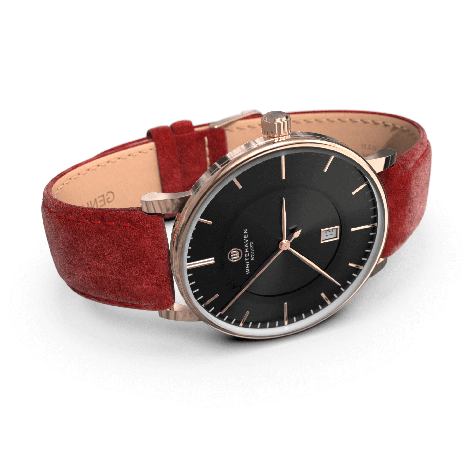 Montre Whitehaven Pyramid pour femme – cadran noir, finitions or rose, bracelet rouge en velours – vue en angle