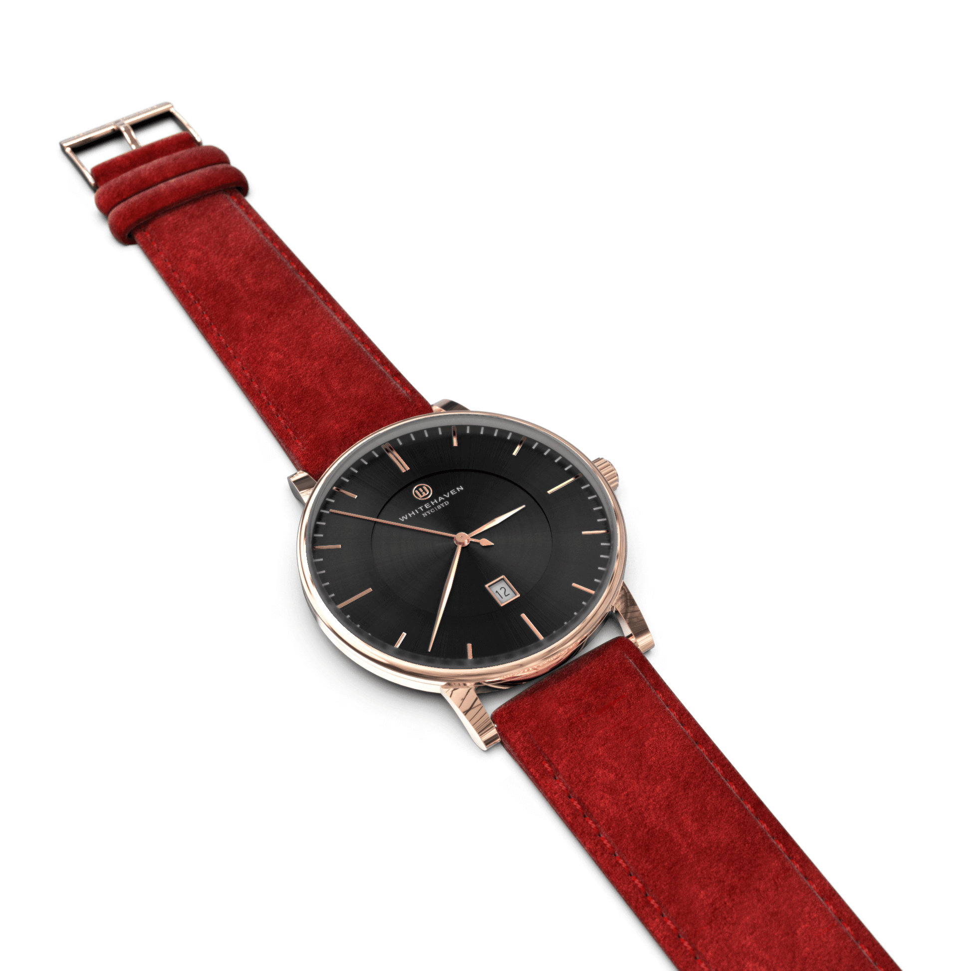 Montre élégante pour femme Whitehaven, modèle Pyramid – cadran noir, or rose et bracelet velours rouge – vue posée