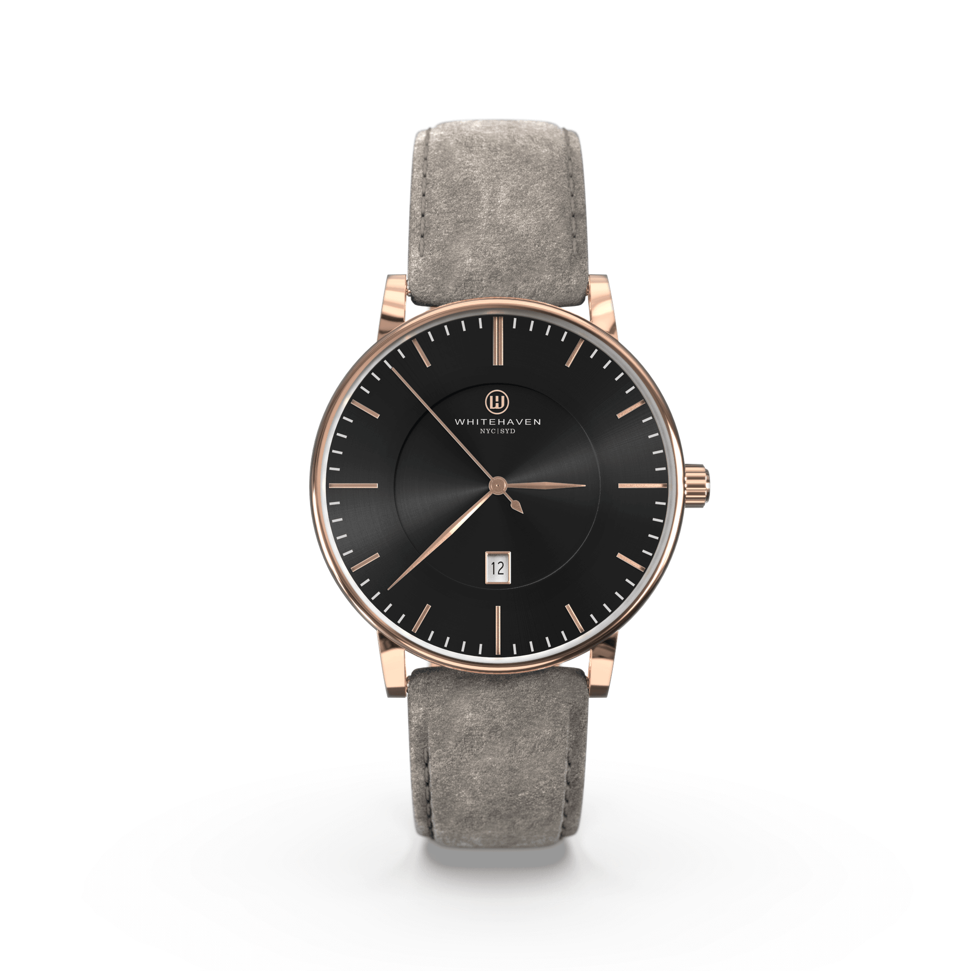 Montre femme Whitehaven Pyramid avec cadran noir, aiguilles et boîtier rose gold, bracelet en velours gris – vue de face