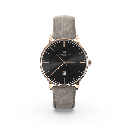 Montre femme Whitehaven Pyramid avec cadran noir, aiguilles et boîtier rose gold, bracelet en velours gris – vue de face