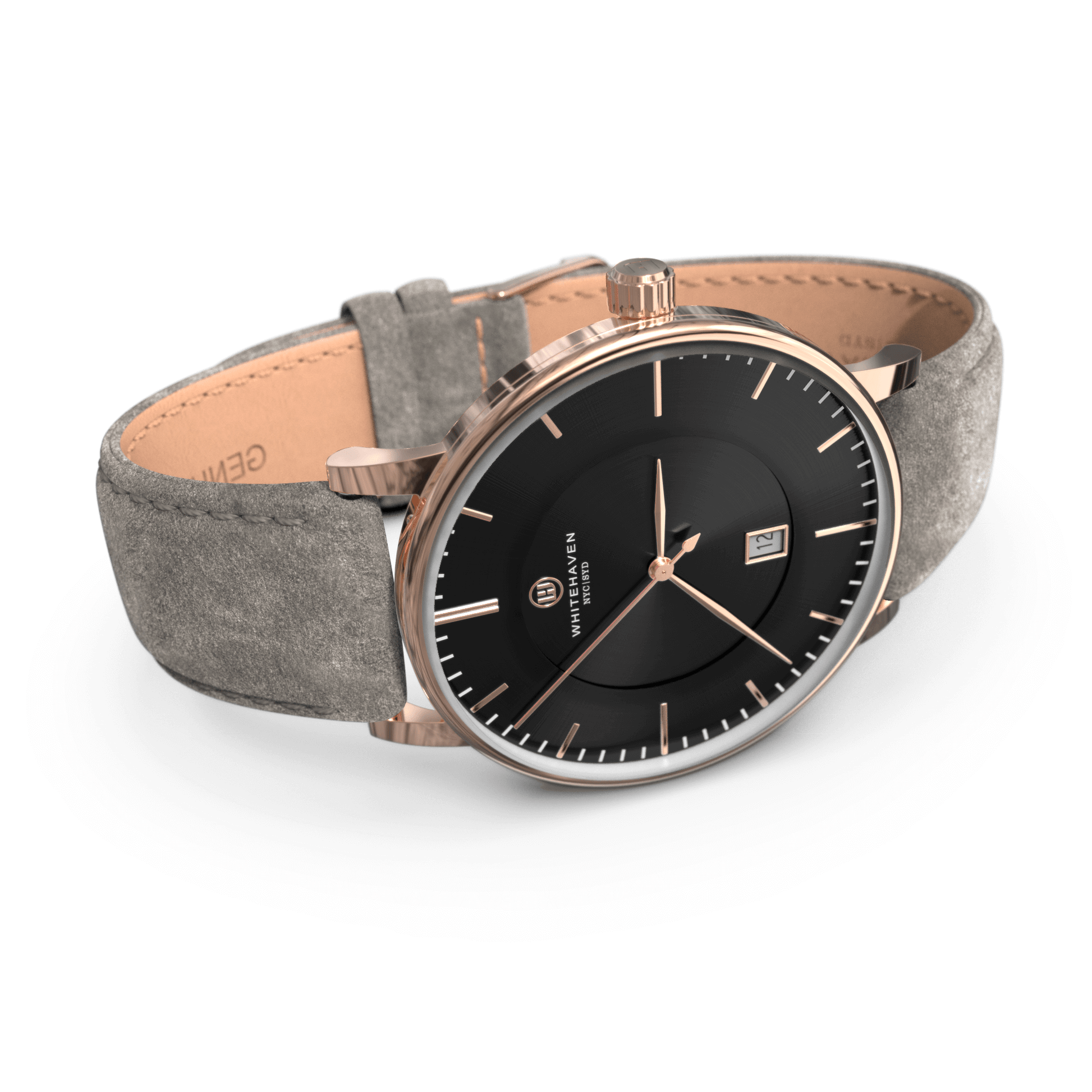 Montre femme Whitehaven Pyramid finition rose gold avec bracelet velours gris et cadran noir – vue perspective