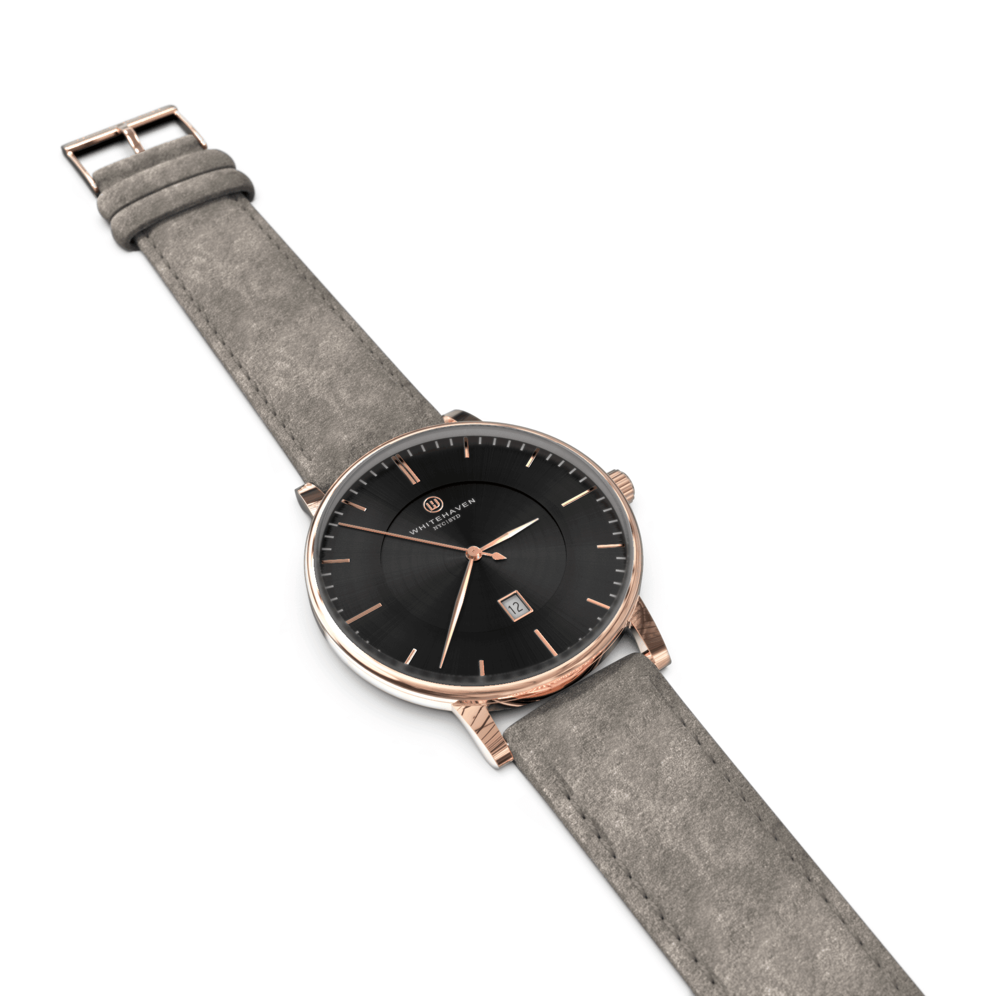 Montre pour femme Pyramid Whitehaven en finition rose gold, cadran noir et bracelet en velours gris – vue à plat