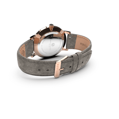 Montre femme Pyramid Whitehaven – boucle rose gold et bracelet velours gris – vue arrière