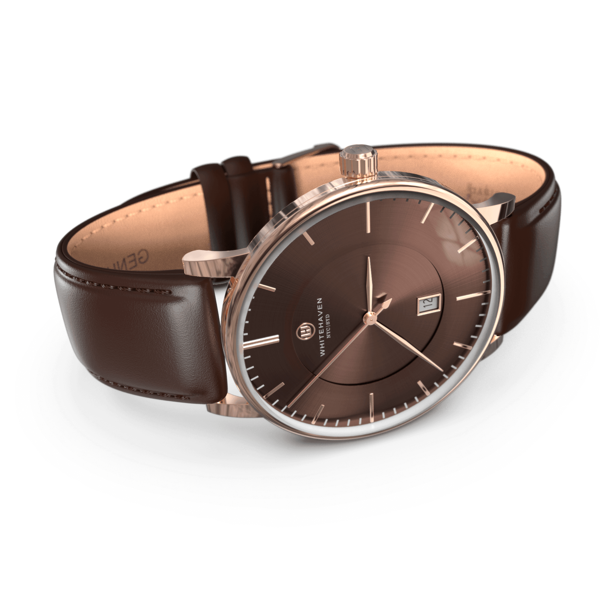 Montre femme Whitehaven Uluru avec cadran marron, boîtier rose gold et bracelet cuir marron – vue latérale