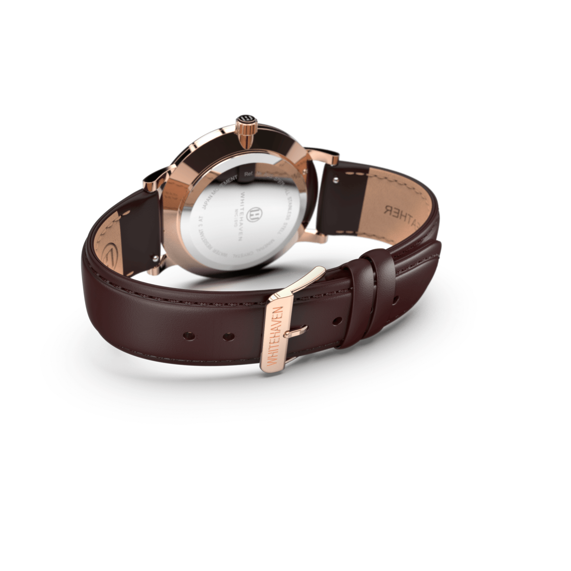 Montre femme Whitehaven Uluru avec cadran marron, boucle rose gold et bracelet cuir marron – vue arrière