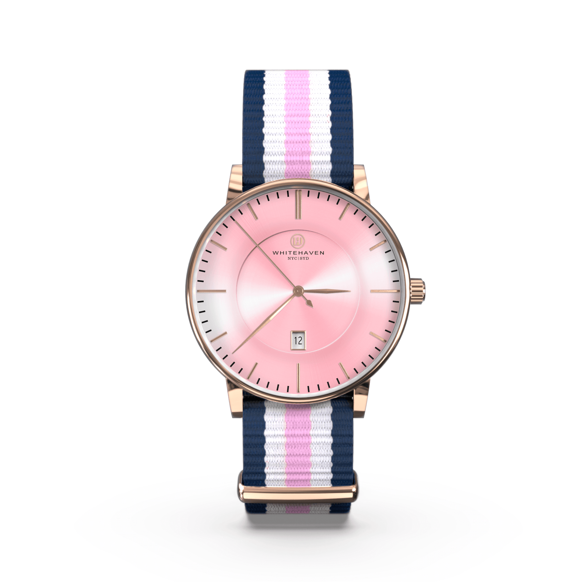 Montre Sunburry Whitehaven avec cadran rose, boîtier finition or rose et bracelet NATO tricolore bleu marine, blanc et rose – vue de face
