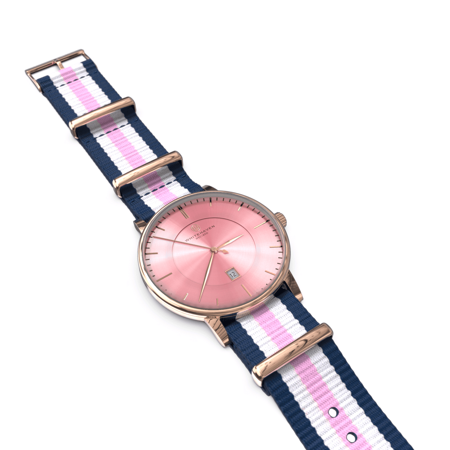 Montre Sunburry Whitehaven à plat avec cadran rose, bracelet NATO tricolore et boîtier finition or rose – vue produit horizontale